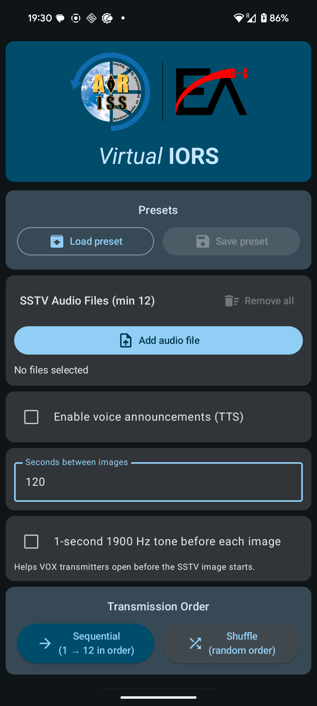 VirtualIORS configuration screen